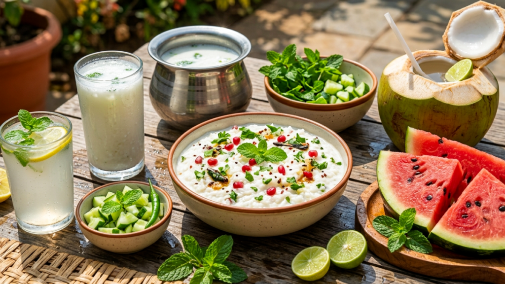 Summer cooling foods platter with hydrating fruits and drinks to reduce body heat