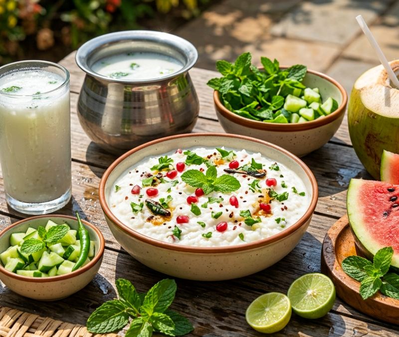 Summer cooling foods platter with hydrating fruits and drinks to reduce body heat
