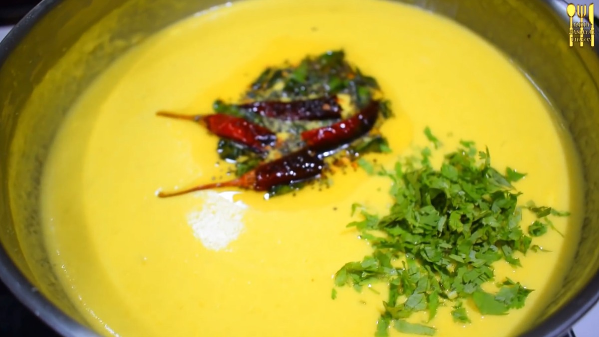 Garnish with coriander leaves for mor kuzhambu