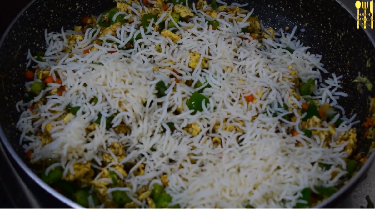 Add rice for easy egg fried rice recipe